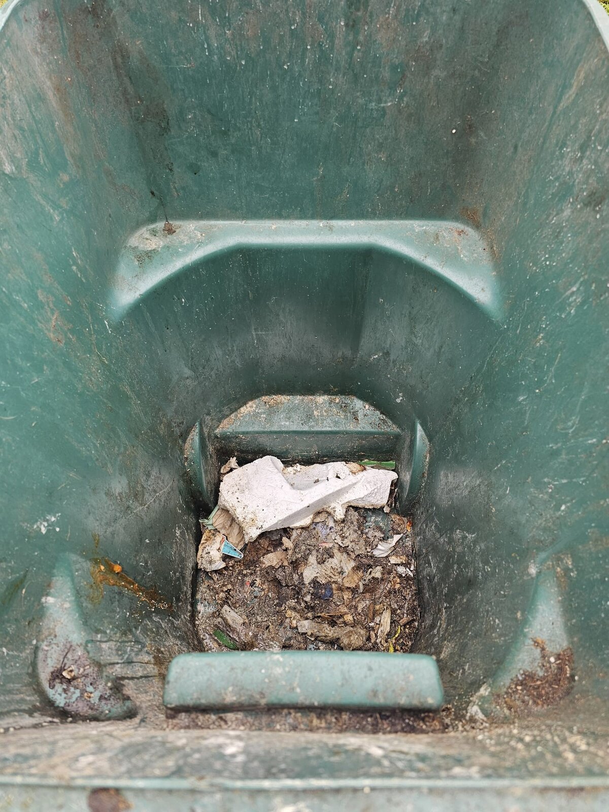 Dirty green trash bin before cleaning